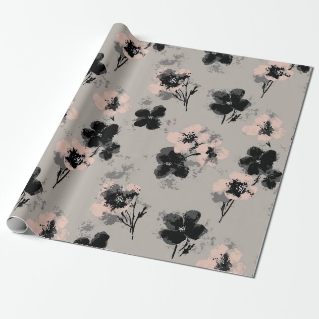 Papel de regalo oscuro con flores de tinta (Desenrollado)