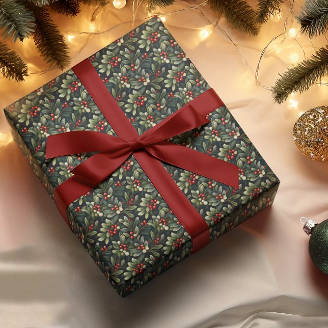 Papel De Regalo Oscuro Moody American Mistletoe vacaciones de invi (Elegant Dark and Moody American Mistletoe Christmas Winter Holiday Wrapping Paper)