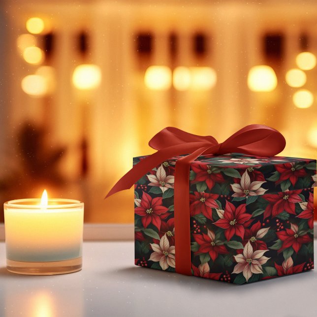 Papel De Regalo Oscuro Moody Poinsettia Floral vacaciones de invie (Elegant Dark and Moody Poinsettia Floral Christmas and Winter Holiday Wrapping Paper)