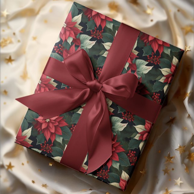 Papel De Regalo Oscuro Moody Poinsettia Floral vacaciones de invie (Elegant Dark and Moody Poinsettia Floral Christmas and Winter Holiday Wrapping Paper)