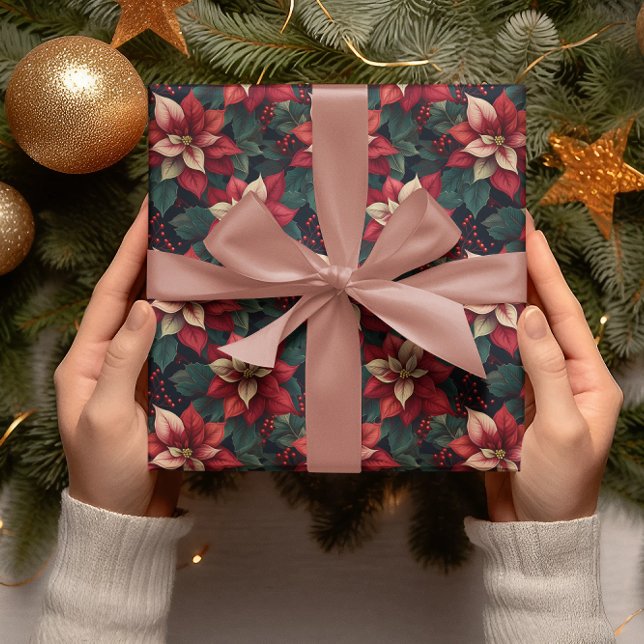 Papel De Regalo Oscuro Moody Poinsettia Floral vacaciones de invie (Elegant Dark and Moody Poinsettia Floral Christmas and Winter Holiday Wrapping Paper)