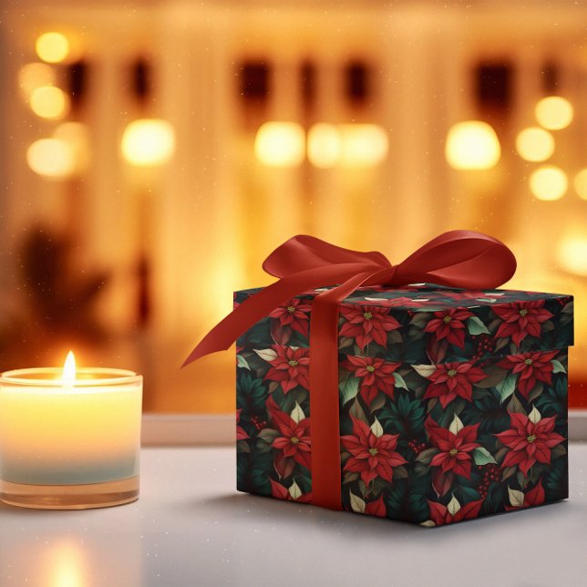 Papel De Regalo Oscuro Moody Poinsettia Floral vacaciones de invie (Elegant Dark and Moody Poinsettia Floral Christmas and Winter Holiday Wrapping Paper)