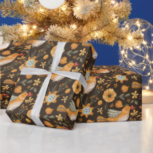 Papel De Regalo Oscuro y acogedor Cute Bird Floral Botánica