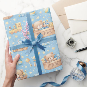 Papel De Regalo Osito de peluche Tren Toybox Baby Boy Blue