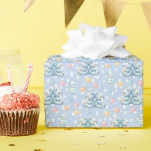 Papel De Regalo Oso Azul y Patrón Continuo de Peces Adorable