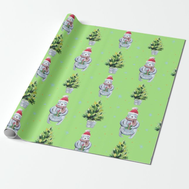 Papel De Regalo Oso blanco sostiene un árbol presente y verde (Desenrollado)