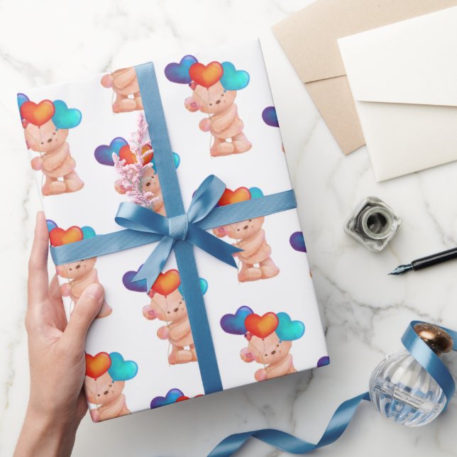 Papel De Regalo Oso con globo cardíaco de cumpleaños (Regalar)