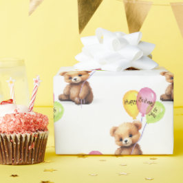 Papel De Regalo Oso De Cumpleaños Con Bouquet De Globo