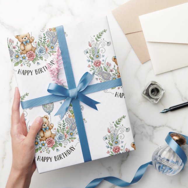 Papel De Regalo Oso de cumpleaños floral boho (Regalar)