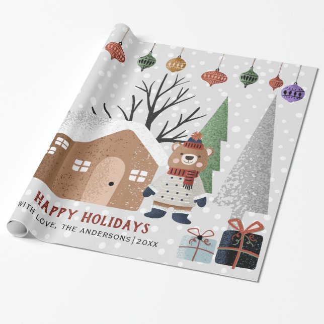 Papel De Regalo Oso de invierno, árboles y vacaciones de Navidades (Desenrollado)