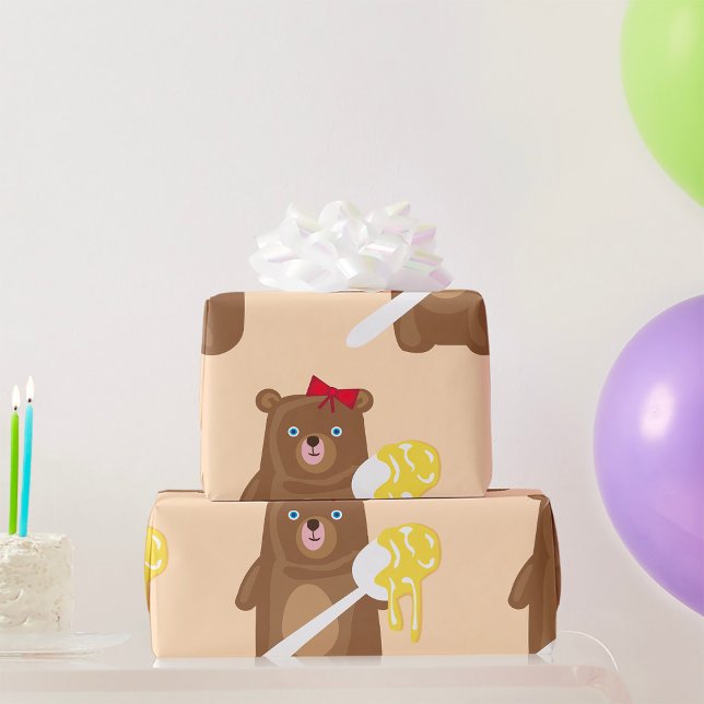 Papel De Regalo Oso de Miel Adorable con Cuchara Y Bow Rojo (Subido por el creador)