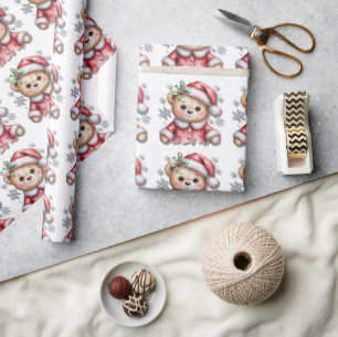 Papel De Regalo Oso de Navidad Adorable y Copos de Nieve para Baby