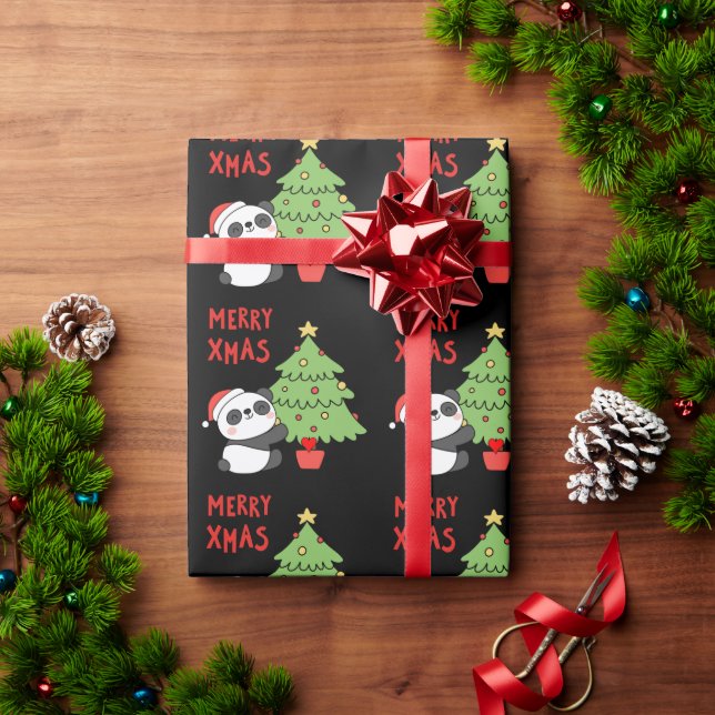 Papel De Regalo Oso De Panda Cuto Con Árbol De Navidad (Regalo de vacaciones)