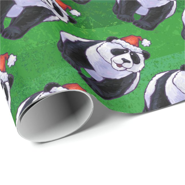 Papel De Regalo Oso de panda en el gorra de Santa en verde (Esquina del rollo)