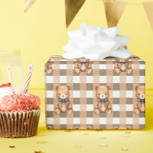 Papel De Regalo Oso de peluche a cuadros neutro dulce
