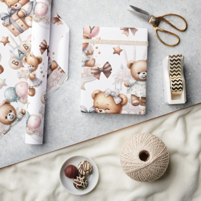 Papel De Regalo Oso de peluche con globos y regalos (Artesanía)