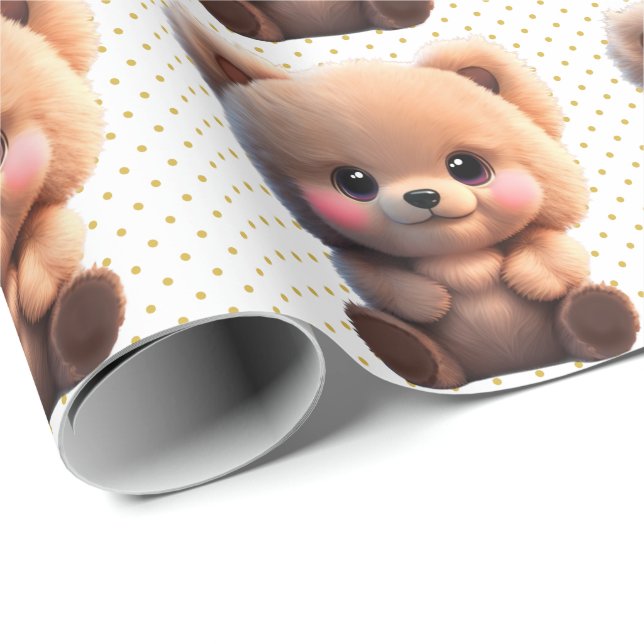 Papel De Regalo Oso de peluche con puntos de oro de Polka (Esquina del rollo)