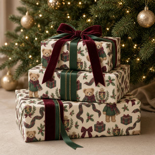 Papel De Regalo Oso de peluche escocés elegante con lazo borgoña d