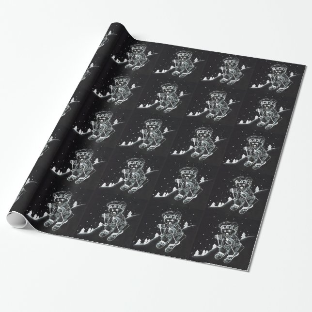 Papel De Regalo Oso de peluche esquiando en blanco y negro (Desenrollado)