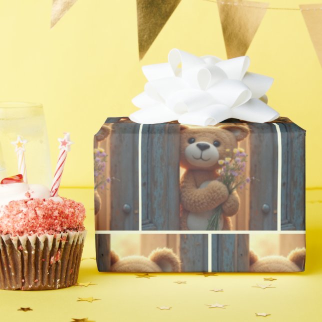 Papel De Regalo Oso de peluche marrón con un Bouquet de flores sil (Fiesta de cumpleaños )