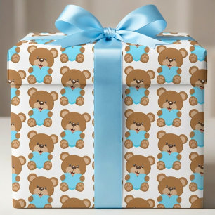 Papel de Regalo Oso de Peluche Marrón Corazón Azul