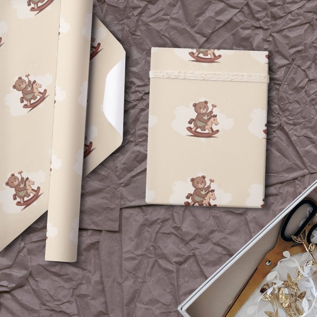 Papel De Regalo Oso de peluche montando un caballo rocoso (Teddy Bear riding a Rocking Horse Wrapping Paper)