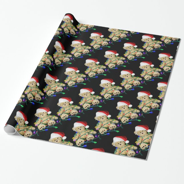 Papel De Regalo Oso de peluche navidades enredado en luces (Desenrollado)
