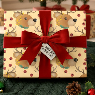 Papel De Regalo Oso de peluche Reno con luces beige Navidad