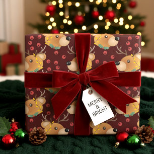 Papel De Regalo Oso de peluche Reno con luces marrón Navidad