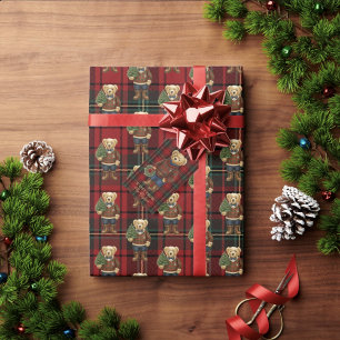 Papel De Regalo Oso de peluche rojo de cuadros navideños de lujo