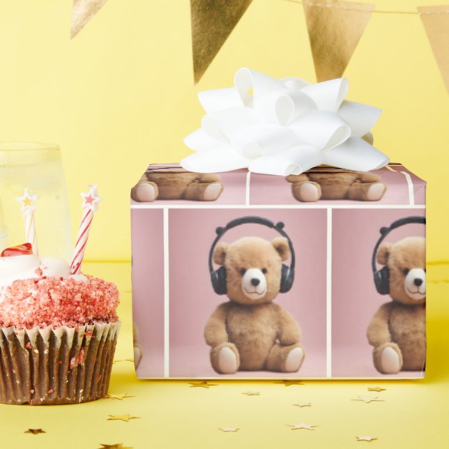 Papel De Regalo Oso De Teddy Con Auriculares (Fiesta de cumpleaños )