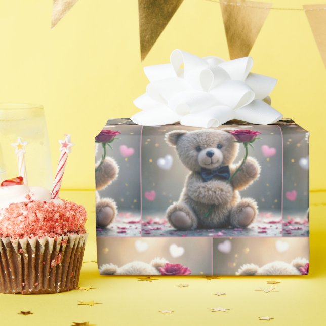 Papel De Regalo Oso De Teddy Con Rosa Rojo (Fiesta de cumpleaños )