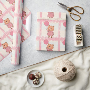 Papel De Regalo Oso de vestido rosado fresco con globo rosa