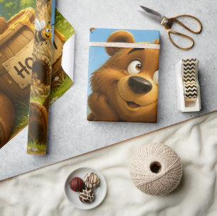 Papel De Regalo Oso Lindo con Barril de Miel y Abejas Felices