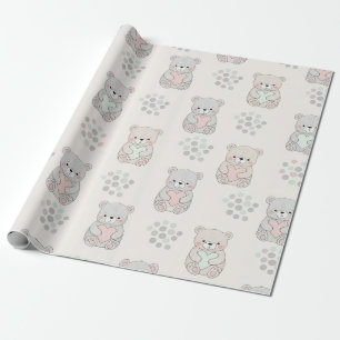 Papel De Regalo Oso lindo y corazones -- Pastel de guardería (8)