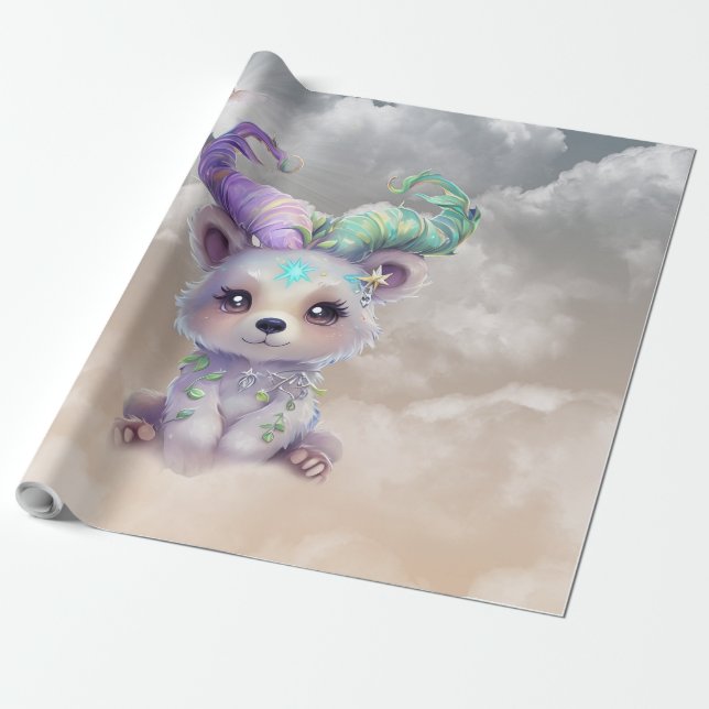 Papel De Regalo Oso mágico en purpurina pastel. (Desenrollado)