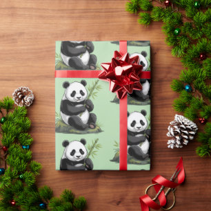 Papel De Regalo Oso Panda Lindo Moderno y Tendy con Bambú Verde