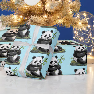 Papel De Regalo Oso Panda Lindo y Moderno con Bambú Verde Azul