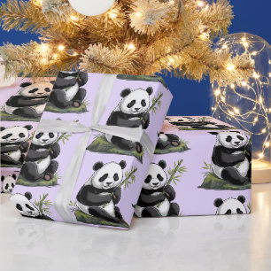 Papel De Regalo Oso Panda Lindo y Moderno con Bambú Verde Púrpura