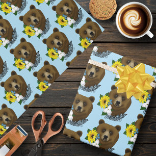 Papel De Regalo Oso Pardo Flores Azules Pluma Vida Silvestre