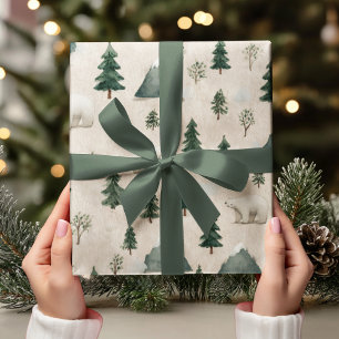Papel De Regalo Oso Polar Acuarela y Pino