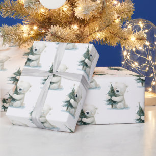 Papel De Regalo Oso Polar Adorable Abrazando árbol de Navidad, lin