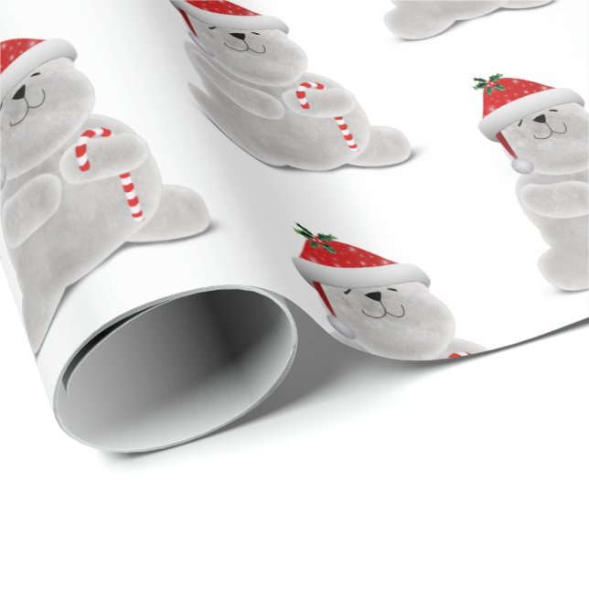 Papel De Regalo oso polar sonriente con bastón de caramelo (Esquina del rollo)