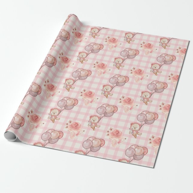 Papel De Regalo Oso Rosa Boho Globons Gingham Floral (Desenrollado)
