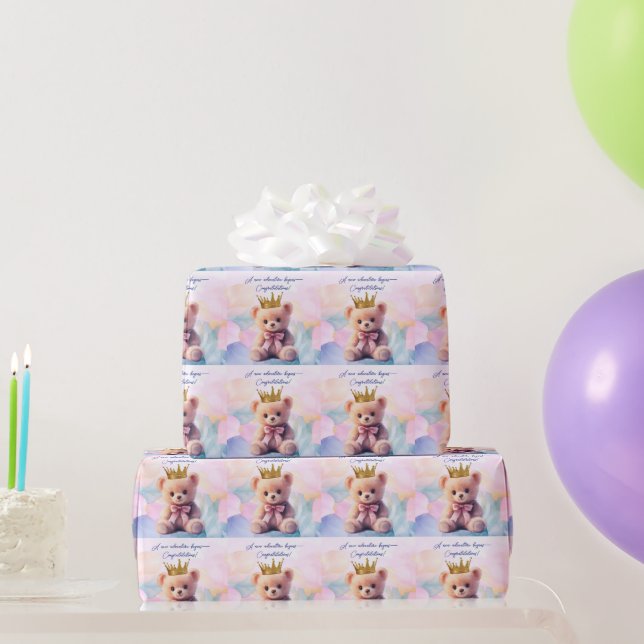 Papel De Regalo Oso Rosa Corona de Oro Felicidades! (Regalos de fiesta)