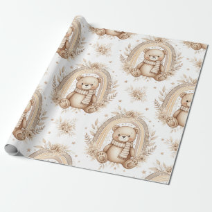 Papel De Regalo Oso Teddy Boho Arcoíris Floral Neutro (2)