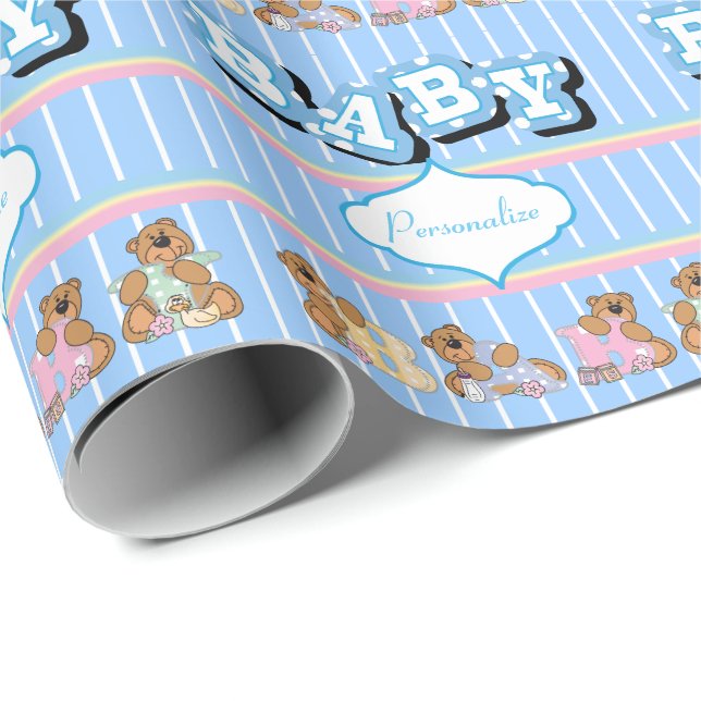 Papel De Regalo Osos de peluche 🐻 en azul | Personalizar (Esquina del rollo)