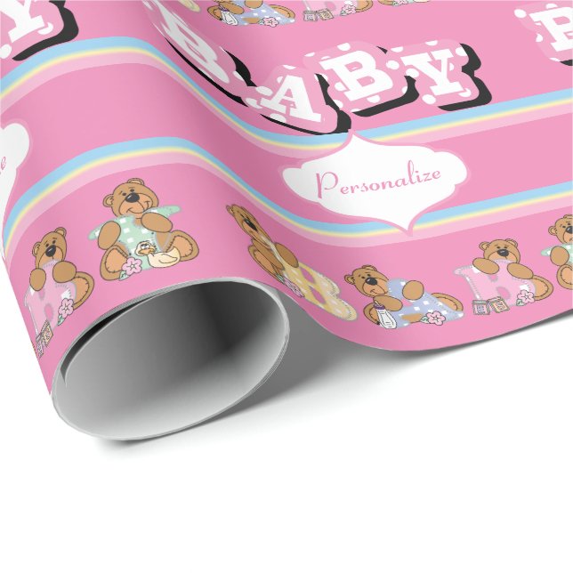 Papel De Regalo Osos de peluche en rosa| Personalizar (Esquina del rollo)