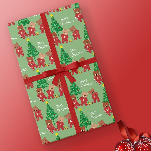 Papel De Regalo Osos de peluche modernos en pijamas Navidades con  (3 Toddler Teddies In Baby Gros Wrapping Paper)