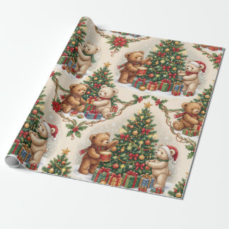 Papel De Regalo Osos de peluche vintage de Navidad decorando el ár